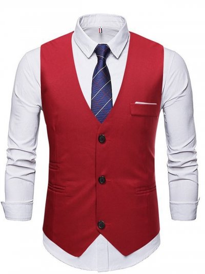 Men's Vest Waistcoat Wedding Dailywear Euramerican Smart Casual Polyester Solid Colored Single Breasted V Neck Regular Fit Red Vest